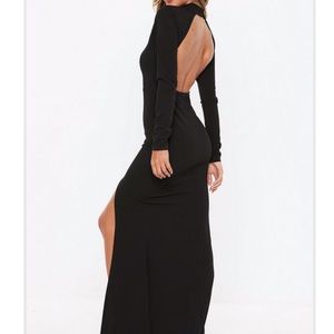 Long sleeve High neck open back maxi dress with slit